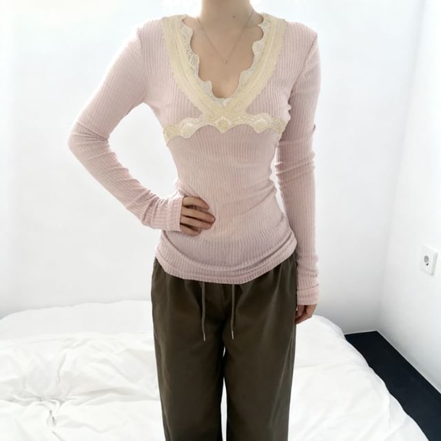 Honet-Long-Sleeve V-Neck Lace Trim Plain Top