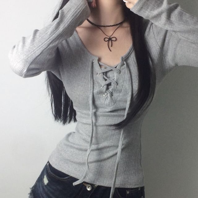 Honet-Long Sleeve V-Neck Plain Lace Up Top