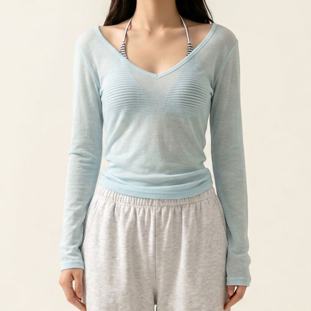 Honet-Long-Sleeve V-Neck Plain T-Shirt