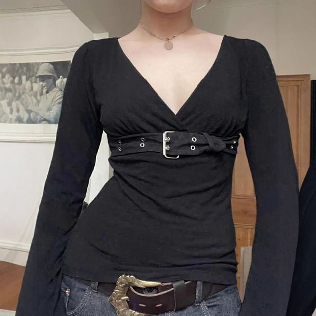 Honet-Long-Sleeve V-Neck Plain Tie Front Tee