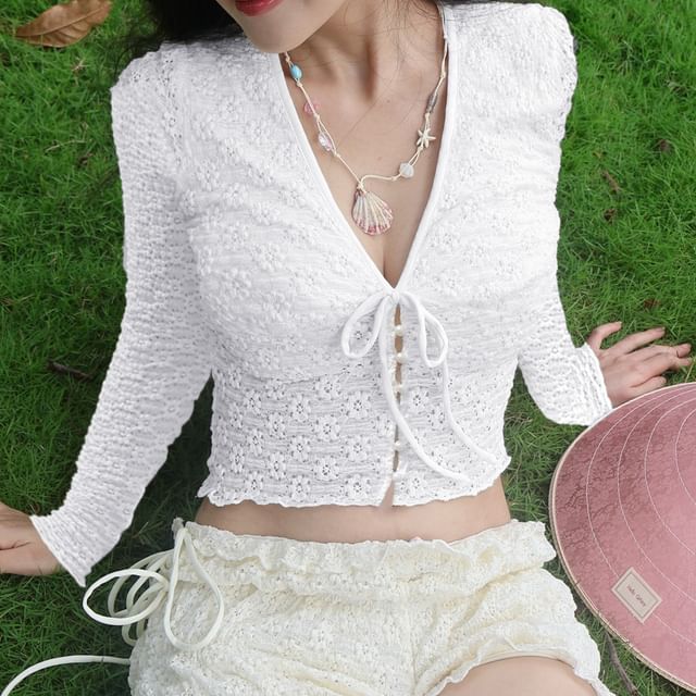 Honet-Long-Sleeve V-Neck Tie Front Crop Top