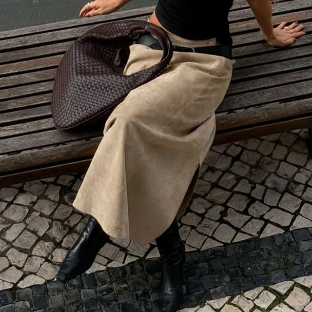 Honet-Low Rise Plain Slit Maxi Straight Skirt