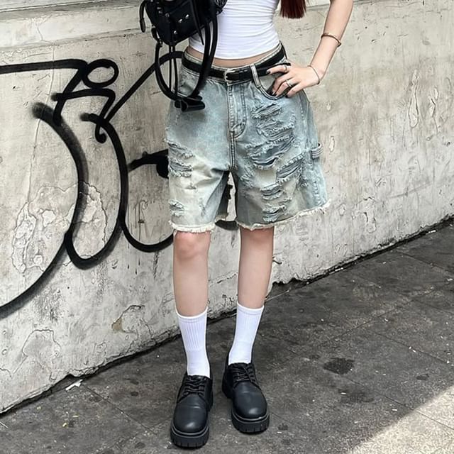 Honet-Mid Rise Distressed Washed Denim Shorts