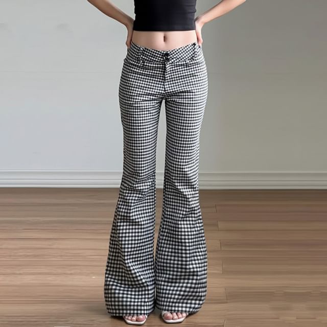 Honet-Mid Rise Plaid Flared Pants