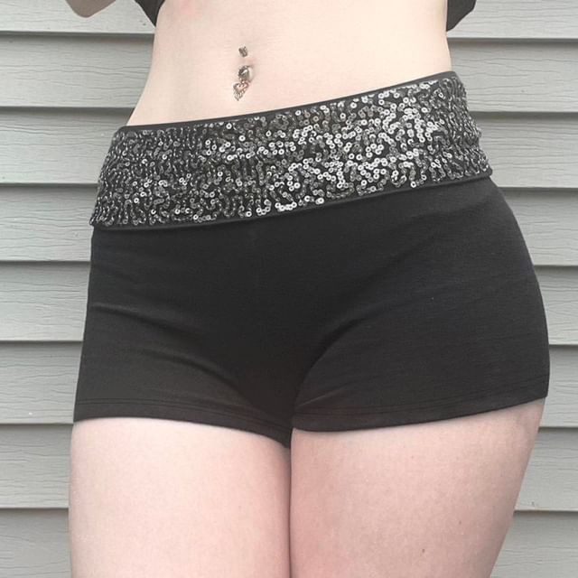 Honet-Mid Rise Plain Sequin Shorts