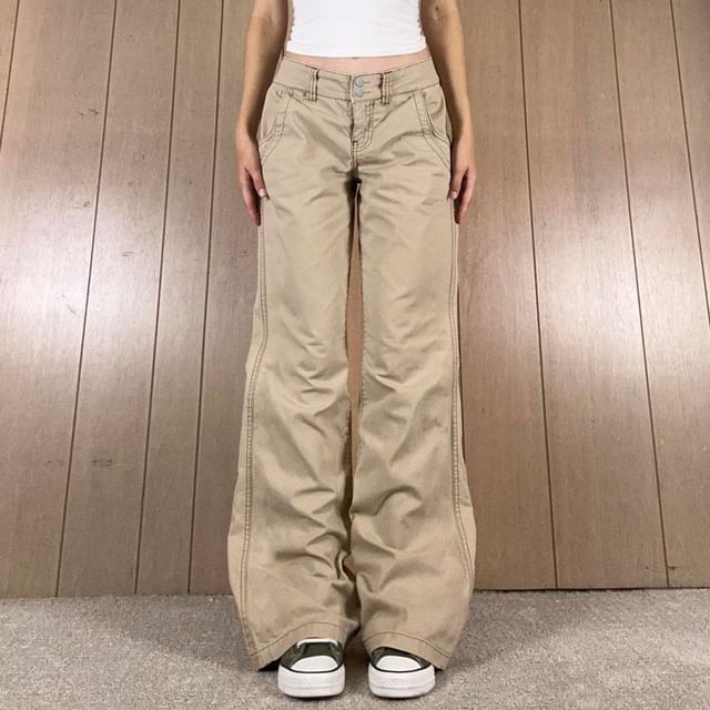 Honet-Mid Rise Plain Wide Leg Jeans