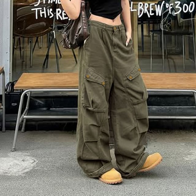 Honet-Mid Waist Plain Baggy Cargo Pants