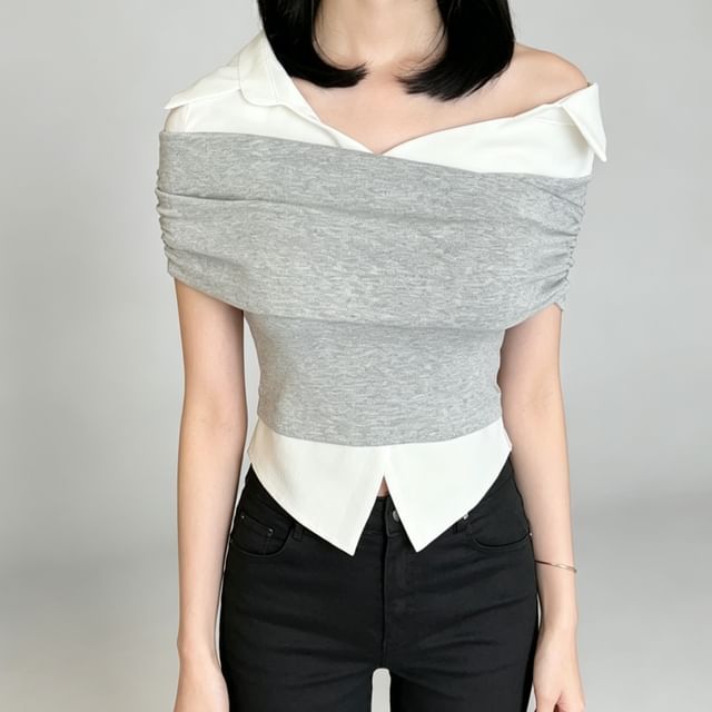 Honet-Mock Two-Piece Short-Sleeve Collared Two Tone Top