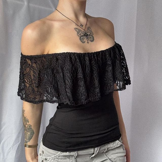 Honet-Off Shoulder Lace Panel Plain Slim-Fit Top
