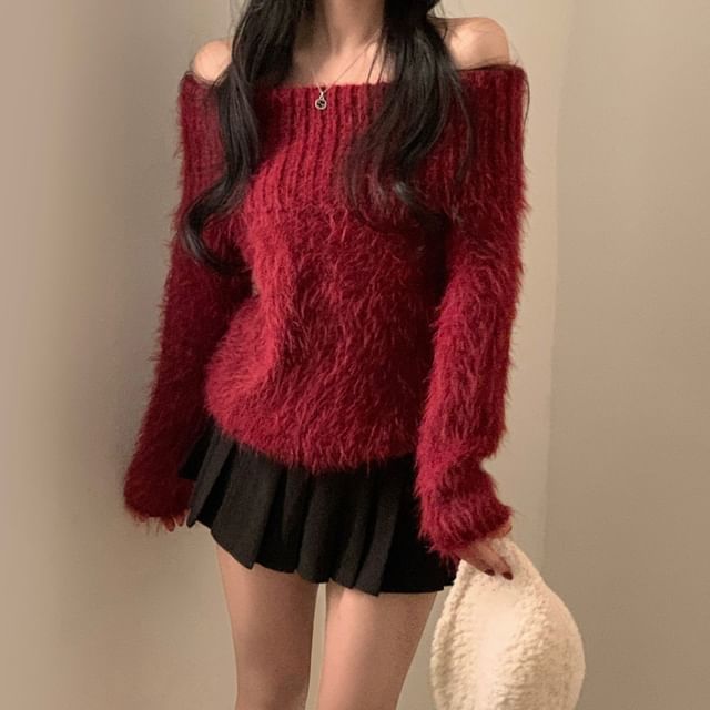 Honet-Off Shoulder Plain Fluffy Oversized Sweater