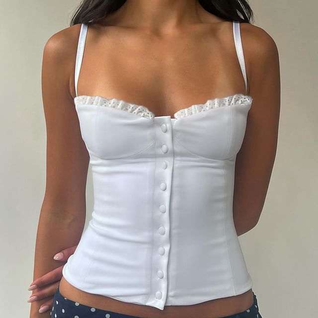 Honet-Plain Lace Trim Button Slim Fit Camisole Top
