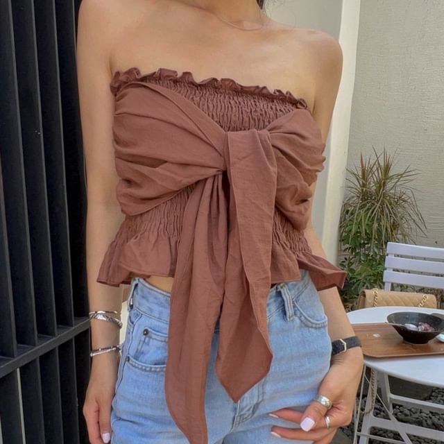 Honet-Plain Ruffled-Trim Tie-Front Tube Top