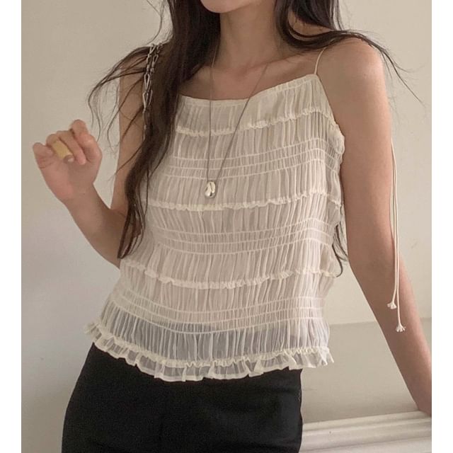 Honet-Plain Textured Ruffled Hem Camisole Top