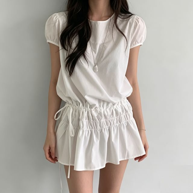 Honet-Puff Sleeve Plain Drawstring Mini Dress