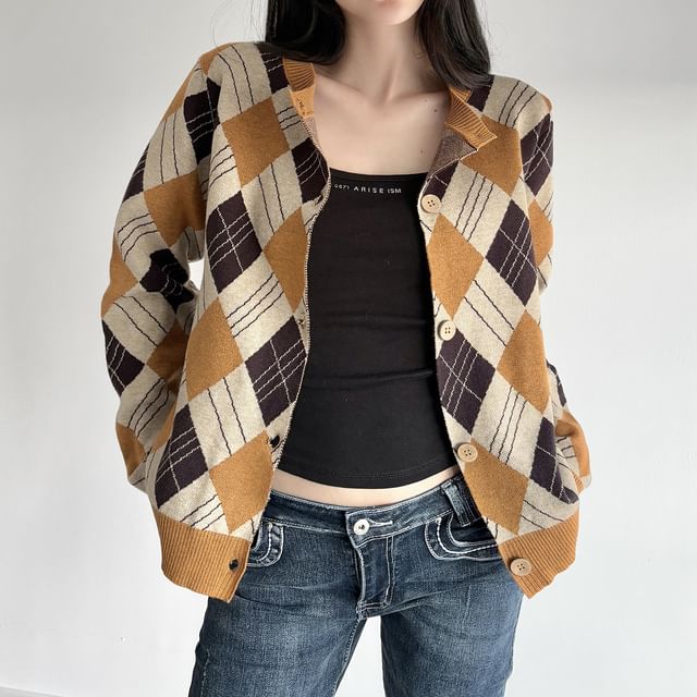 Honet-Round Neck Argyle Cardigan