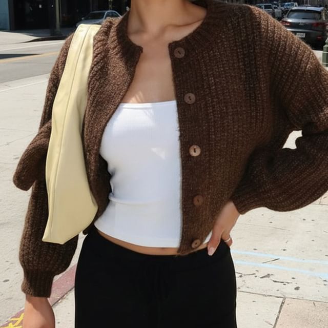 Honet-Round Neck Plain Cardigan
