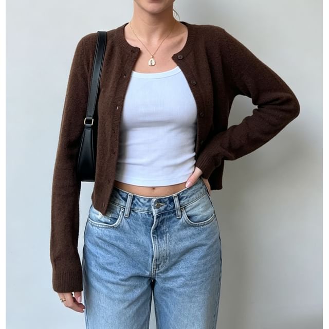 Honet-S - Crewneck Button-Up Plain Crop Cardigan