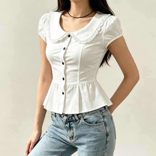 Honet-Short-Sleeve Collared Plain Lace Trim Button Up Blouse