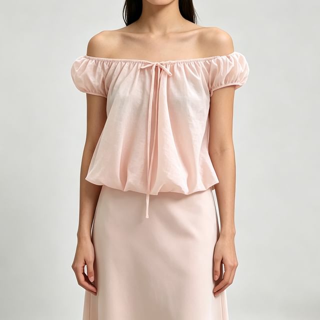 Honet-Short Sleeve Off Shoulder Plain Bow Balloon Top