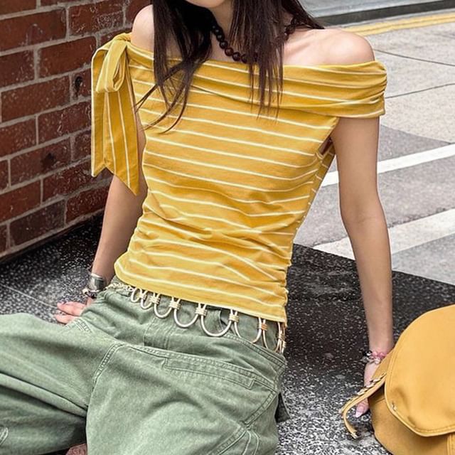 Honet-Short-Sleeve Off Shoulder Striped Plain Tee