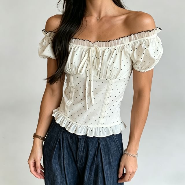 Honet-Short-Sleeve Square Neck Dotted Ruffle Trim Top