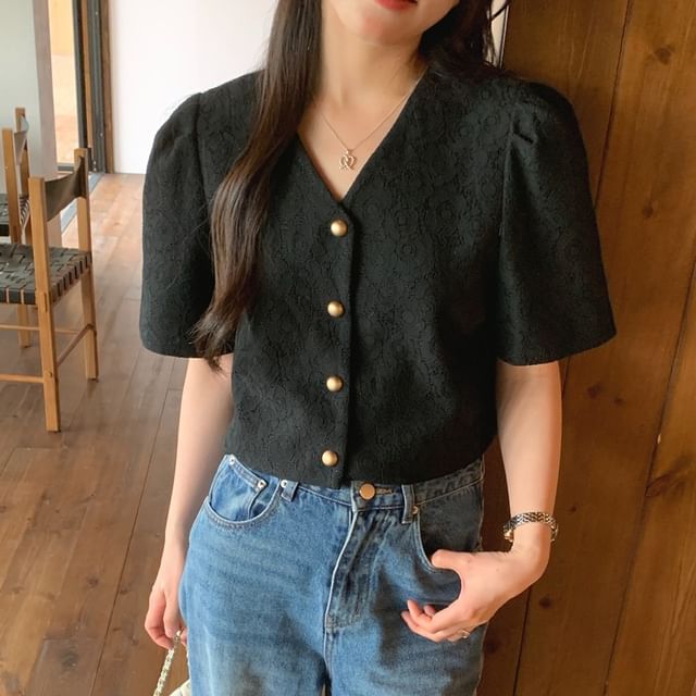 Honet-Short Sleeve V-Neck Jacquard Button-Up Cropped Top
