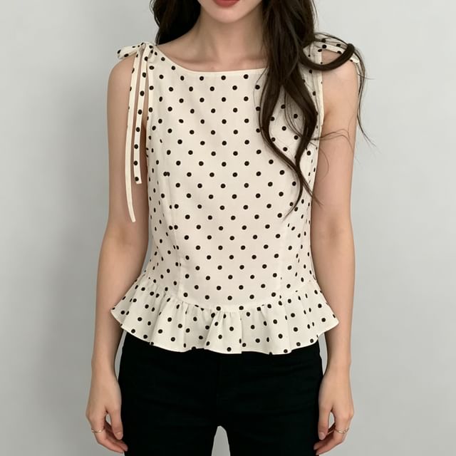 Honet-Sleeveless Boat Neck Patterned Ruffle Bow Top