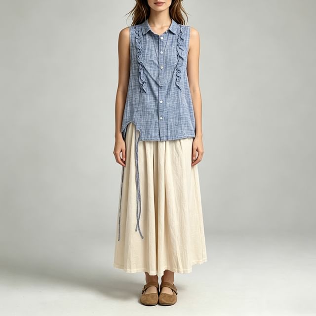 Honet-Sleeveless Crew Neck Melange Frill Trim Button-Up Blouse High Waist Plain Culottes