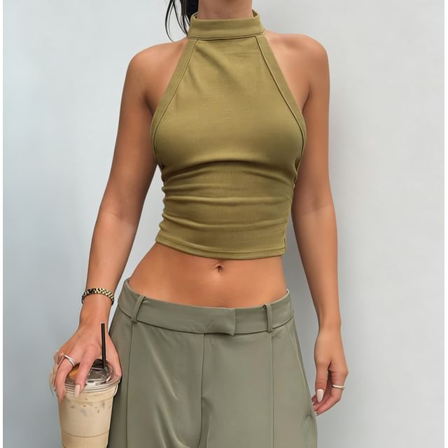Honet-Sleeveless Mock Neck Plain Crop Tank Top