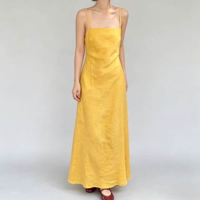 Honet-Spaghetti Strap Plain Maxi A-Line Dress