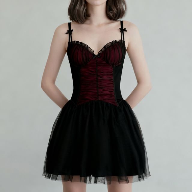 Honet-Spaghetti Strap Sheer Panel Ruched Mini A-Line Dress