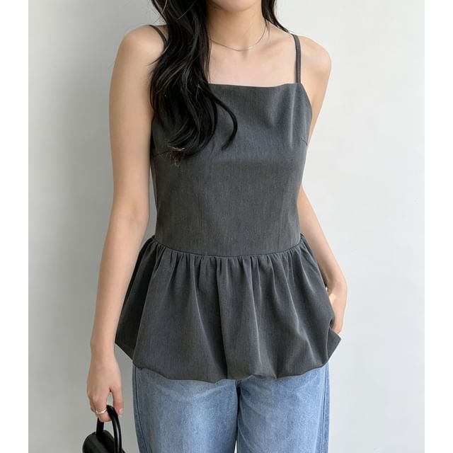 Honet-Square Neck Plain Open-Back Bubble Hem Peplum Camisole Top