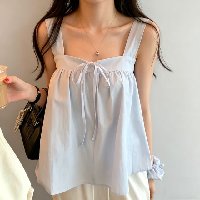 Honet-Square-Neck Tie-Front Plain Loose-Fit Tank Top