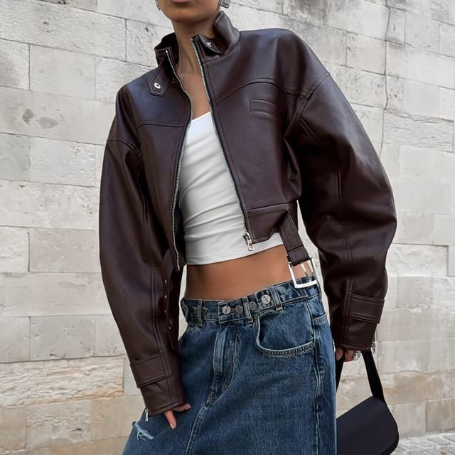 Honet-Stand Collar Plain Faux Leather Zip Jacket