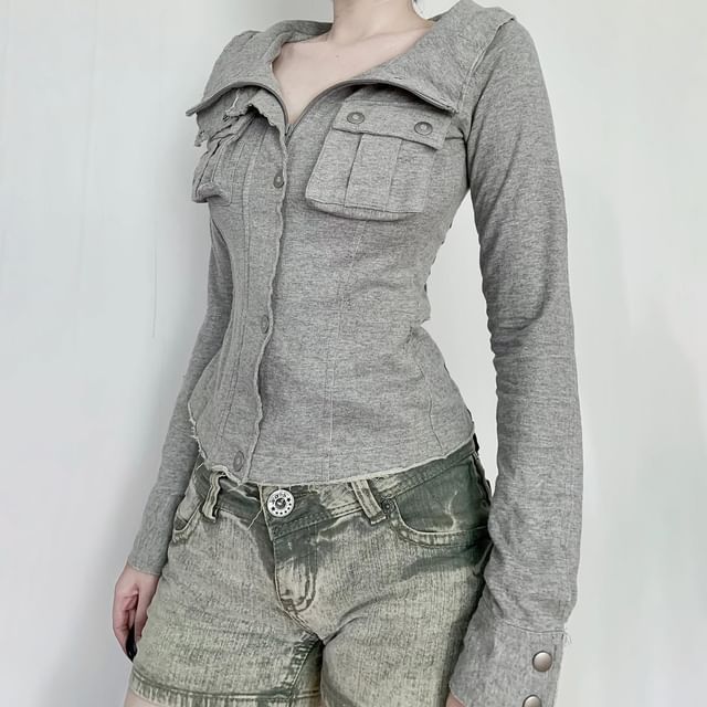 Honet-Stand Collar Plain Fray Zip Cargo Jacket