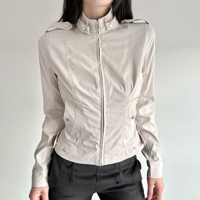Honet-Stand Collar Plain Panel Zip Jacket