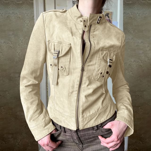 Honet-Stand Collar Plain Zip Cargo Jacket