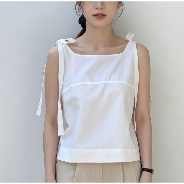 Honet-Tie-Strap Square-Neck Plain Loose-Fit Tank Top
