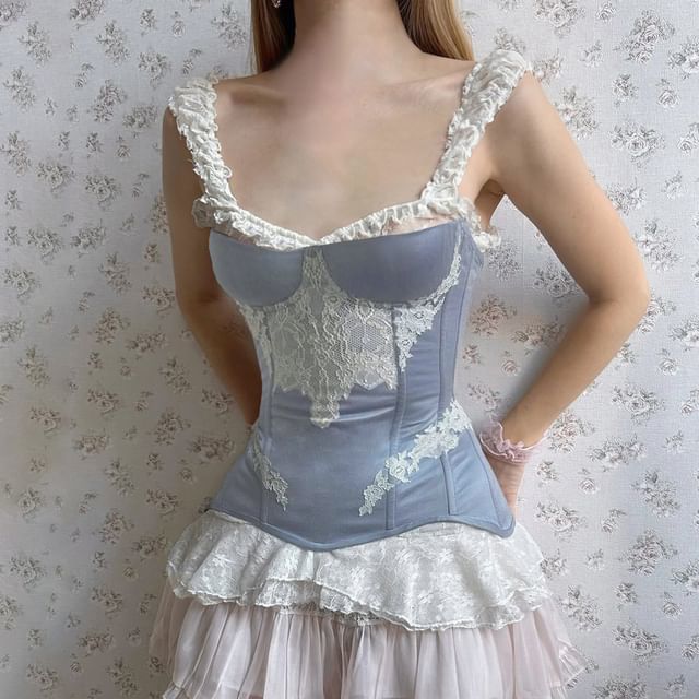 Honet-Two Tone Lace Panel Bustier Top