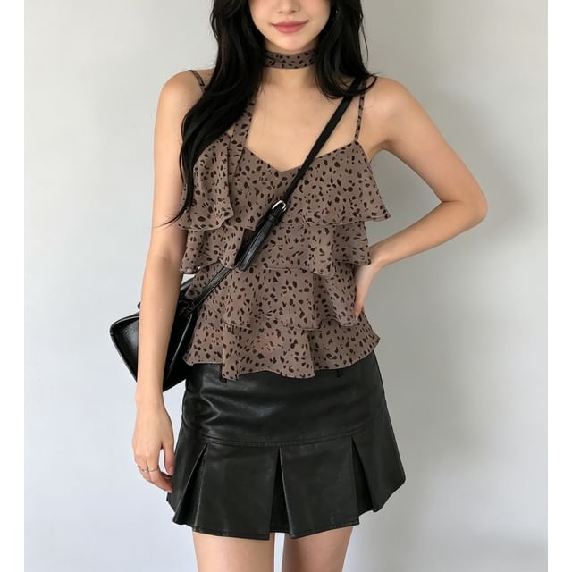 Honet-V-Neck Leopard Sheer Layered Camisole Top