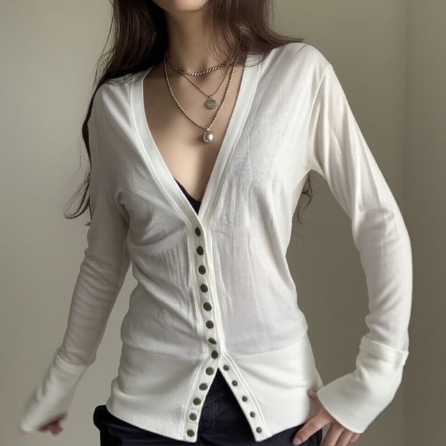 Honet-V-Neck Plain Button Up Cardigan