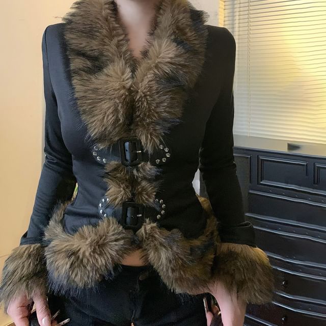 Honet-V-Neck Plain Fluffy Trim Jacket