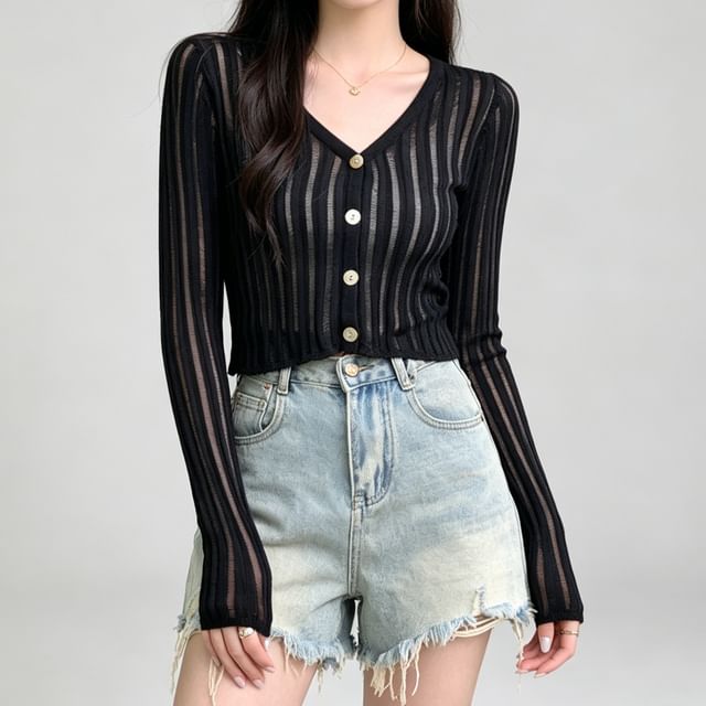 Honet-V-Neck Plain Ribbed Knit Cardigan