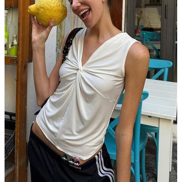 Honet-V-Neck Twisted Plain Slim-Fit Tank Top