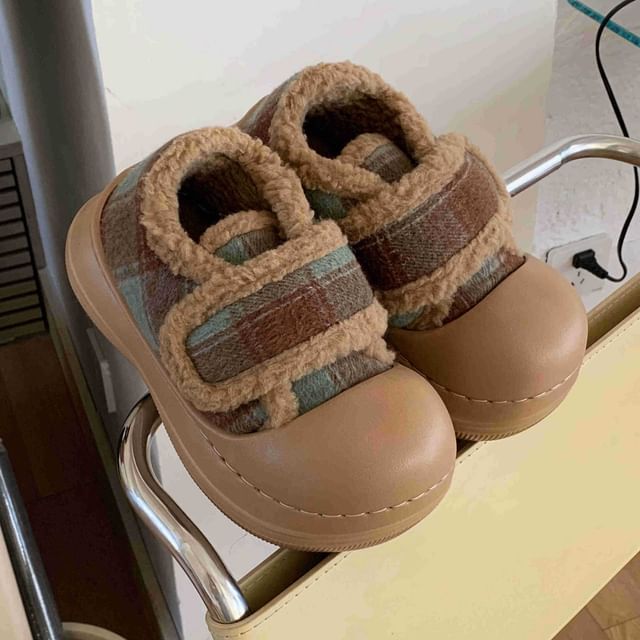 Honkizz-Platform Adhesive Strap Plaid Fleece-Lined Shoes