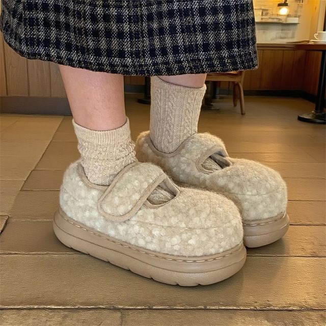 Honkizz-Platform Adhesive Strap Plain Fleece Mary Jane Shoes