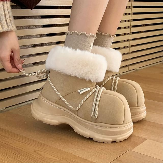 Honkizz-Platform Fleece-Lined Lace-Up Short Snow Boots
