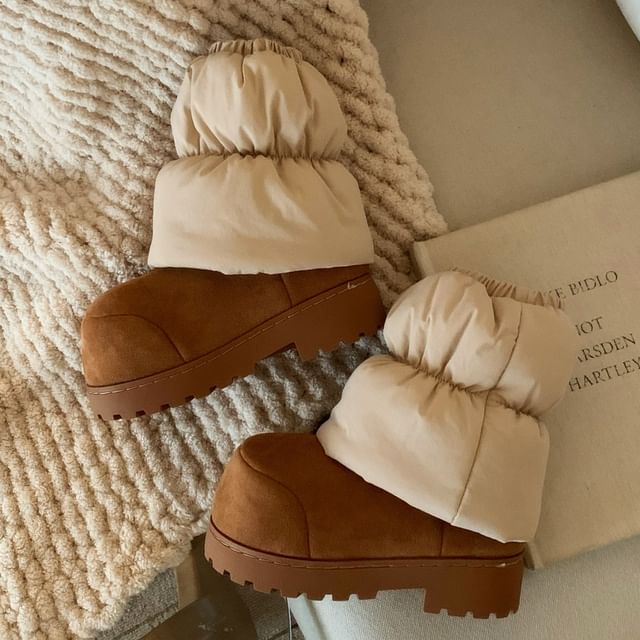 Honkizz-Platform Panel Faux Suede Puffer Short Snow Boots