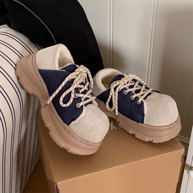 Honkizz-Platform Two Tone Fleece-Lined Lace-Up Shoes