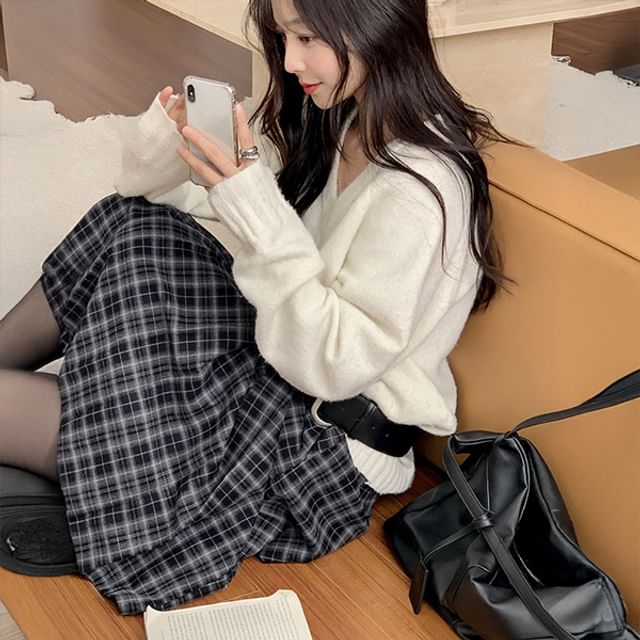 HOTPING-Box-Pleat Plaid Skirt